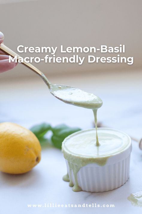 This dressing is so good you're going to want to put it on EVERYTHING! The entire recipe is on my blog as well other delicious, easy macro-friendly recipes! Macro Friendly Dressing, Macro Friendly Salad Dressing, Macro Friendly Zucchini Recipes, Macro Friendly Alfredo, Macro Friendly Eating Out, Macro Friendly Chicken Salad, Lemon Basil Dressing, Gluten Free Dressing, Counting Macros