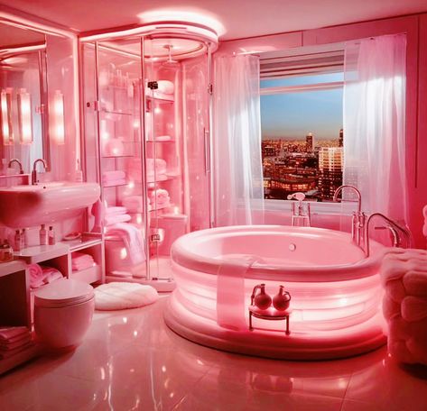 #Barbienation #pinkbathroom #Retrobarbie #luxurybarbie Pink Barbie Bathroom, Girly Powder Room, Hot Pink House Decor, Barbie Themed Bathroom, Barbiecore Bathroom, Barbie Bathroom Decor, Bathroom Pink Aesthetic, Pink Barbie Room, Pink Barbie House