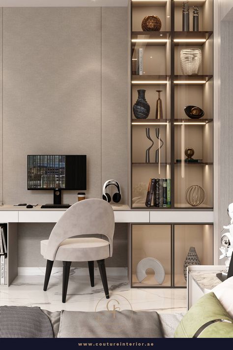 A sleek built-in desk seamlessly merges with modern cabinets in the bedroom, offering a functional workspace while maintaining a cohesive and contemporary aesthetic. Modern Contemporary Interior Bedroom, Modern Study Table, Bedroom Cabinet Design, Built In Desk In Bedroom, Working Table In Bedroom, Working Desk In Bedroom, Bedroom Cabinet, White Wooden Desk, Luxury Bedroom Interior Design