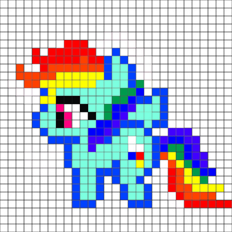 My Little Pony - Rainbow Dash pattern - by me, I am not sure why, but the upload seems to have changed the colors. Rainbow dash should be a light blue not a greenish color. For a free and better color, printable version go to lovinglifedesigns.blogspot.com Grille Pixel Art, Pixel Art Minecraft, Perler Beads Ideas, Dash Pattern, Easy Perler Beads Ideas, Art Perle, Easy Pixel Art, Pixel Art Templates, Pony Bead Patterns