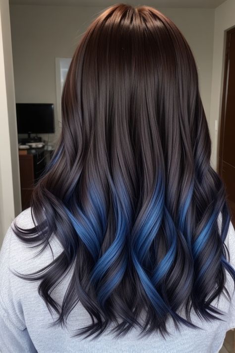 hair color ideas for brunettes Subtle Blue Highlights In Brown Hair, Blue Ends On Brown Hair, Coloured Straight Hair, Blue Hair Tips Brown, Brunette Blue Highlights, Hair Inspo Color Highlights, Black Hair With Blue Ends, Cute Hair Dye Ideas For Brunettes, Blue Hair Dye On Brown Hair