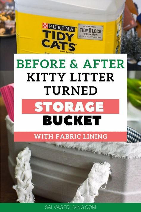 Use those leftover kitty litter jugs to make really handy storage baskets with fabric lining and handles. They can be used in so many different ways to help you get organized. Get the simple DIY… More Kitty Litter Container Ideas Diy, Repurpose Kitty Litter Buckets, Cat Litter Bucket Ideas, Repurpose Cat Litter Jugs, Cat Litter Storage Ideas, Kitty Litter Bucket Repurpose, Repurpose Cat Litter Bucket, Cat Litter Bucket Repurpose, Litter Bucket Repurpose