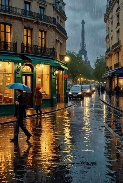 Paris Street Rainy Day Painting, Paris At Night Painting, Rainy Day Painting Ideas, Rainy Street Painting, Rainy Paris Aesthetic, Rainy City Painting, Rainy City Aesthetic, Rainy Day City, Paris Street Rainy Day