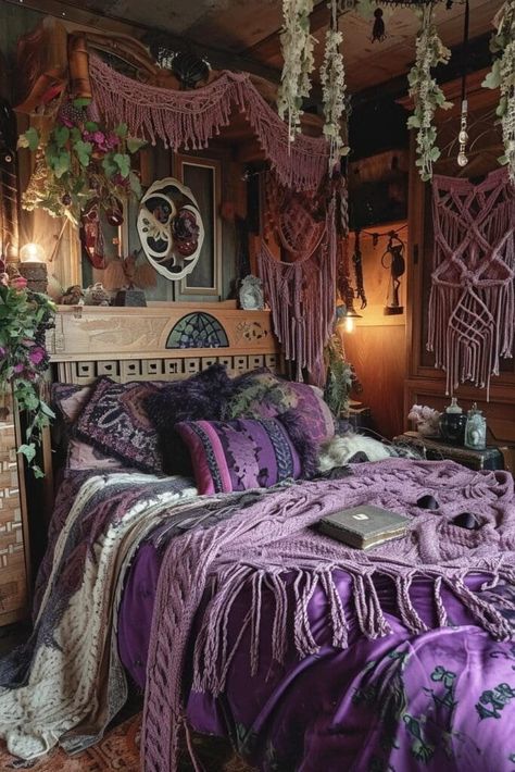 Dark Purple Bedding Aesthetic, Witch Themed Bedroom, Purple Whimsigoth Bedroom, Green Witchy Bedroom, Whimsygoth Bedroom Ideas, Dark Purple Walls Bedroom, Whimsigoth Decor Aesthetic, Witch Decor Aesthetic, Witch Bedroom Ideas