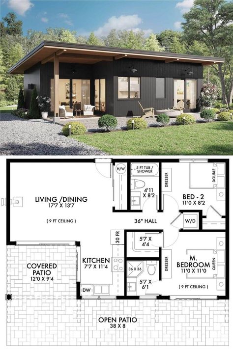 2-Bedroom Modern Home with Covered Patio and Open-Concept Living (Floor Plan) Small 2 Bedroom House Plans, Small 2 Bedroom House, Loft House Plans, Contemporary Ranch Home, Open Concept House Plans, Country Style Bedroom, 1 Bedroom House, Basement Floor Plans, 2 Bedroom House Plans