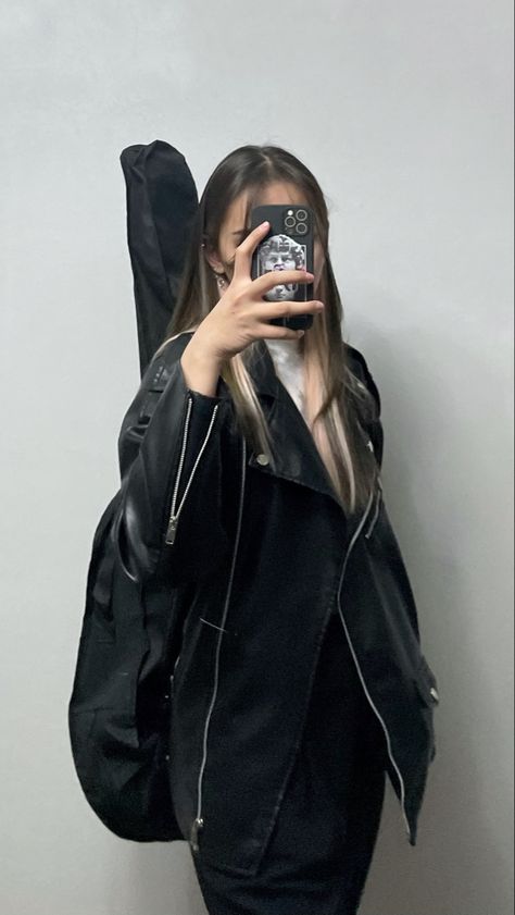 #guitar #outfits #outfitideas #outfitinspiration #stylish #styleinspiration #styleblogger Guitar Outfit Style, Guitar Outfit, Outfit Style, Fashion Blogger, Outfit Inspirations, Outfit Ideas, Guitar, Leather Jacket, Mirror Selfie