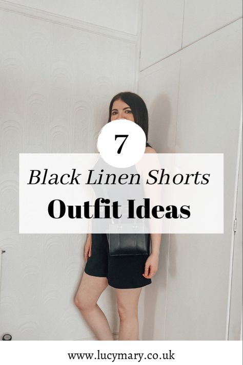 A woman wearing black linen shorts. Black Trouser Shorts Outfit, Black Linen Shorts Outfit, Linen Shorts Outfit, Black Linen Shorts, Black Linen Trousers, Summery Outfits, Buy Linen, Shorts Outfit, Slogan Tee