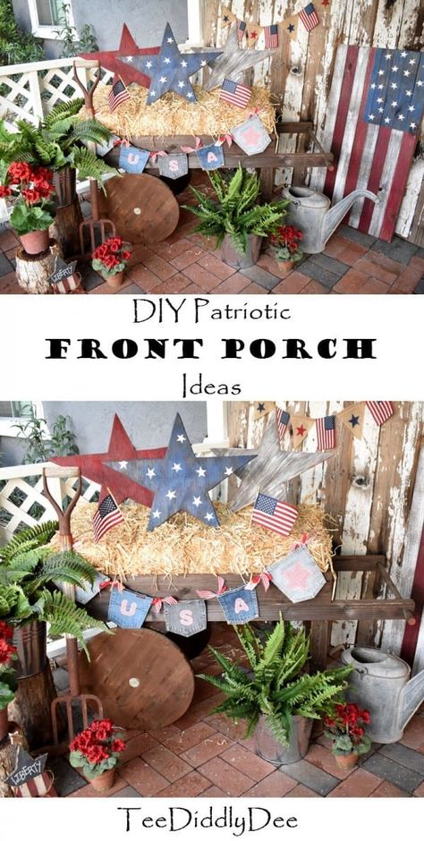 Garden Flags Ideas Front Porches, Patriotic Front Porch Ideas, Garden Flags Ideas, Patriotic Front Porch, Patriotic Porch, Flag Diy, Patriotic Diy, Summer Decorations, Wooden American Flag