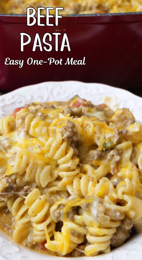 A white bowl filled with a serving of pasta, hamburger, cheese, and more in a savory sauce. One Pot Ground Beef Pasta Recipes, Pasta With Rotini Noodles, Ground Beef Pasta Recipes One Pot, Soup With Rotini Noodles, Rotini Ground Beef Recipes, Rotini And Ground Beef Recipes, One Pot Meals Easy Ground Beef, Rotini Pasta Recipes Beef, Rotini Pasta Recipes With Ground Beef