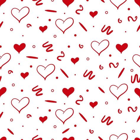 Seamless pattern with doodle shapes and red hearts. Flat vector background for festive wrapping paper for valentine's day Doodle Shapes, Doodle Abstract, Heart Pattern Background, Pink Glitter Background, Glitter Digital Paper, Free Svgs, Valentine Background, Valentines Patterns, Patterns Wallpaper