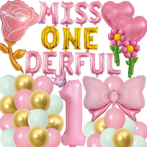 PRICES MAY VARY. First Birthday Party Decoration: 16inch letter balloons banner "Miss ONE Derful", 1pc 32 inch number 1 balloon, 1pc 29 inch bow balloons, 2pcs 18 inch heart balloons, 1pc 21 inch flower balloons, 1pc mini crown balloon, 2pcs 13 inch mini daisy balloons,1pc 10M balloon ribbon, 1pc 5M balloon arch strip, 30 pcs 10inch gold green latex balloons, make your boy 1st birthday party wonderful. One Year Old Birthday Party Supplies: The balloon kit in pink, gold will make your baby girl 1 Pink Gold Balloons, Onederful Party, First Birthday Pink, Miss Onederful, Balloons Number, Girl 1st Birthday, 1st Birthday Party Decorations, First Birthday Party Decorations