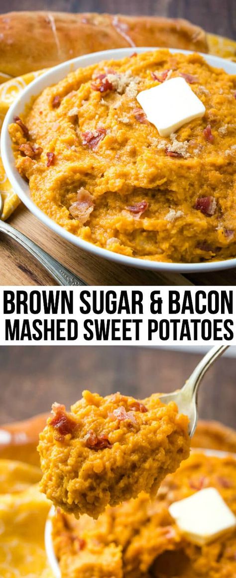 Creamy, sweet with a little bit of salty these Brown Sugar & Bacon Mashed Sweet Potatoes are an addicting and flavorful side dish you cant resist making. #potatoes #holiday #bacon #brownsugar #sweetpotatoes #mashedpotatoes #thanksgiving #christmas #fall #easter Potato Recipes Crockpot, Sweet Potato Bacon, Sweet Potato Thanksgiving, Brown Sugar Bacon, Healthy Thanksgiving Recipes, Harvest Recipes, Pecan Recipes, Holiday Foods, Vegetable Side