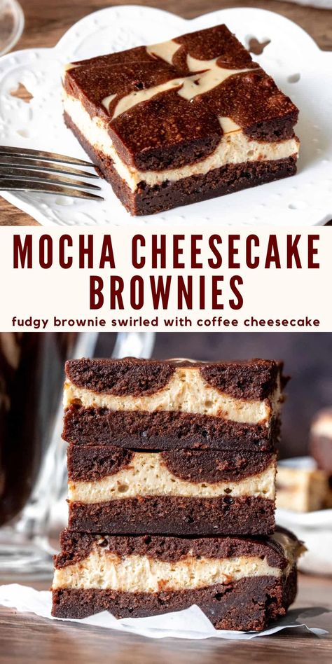 Coffee and brownies combine in these delicious mocha cheesecake brownies. You get an incredibly fudgy brownie swirled with coffee cheesecake for a decadent dessert #cheesecakebrownies #mochabrownies #mochacheesecake #coffeecheesecake from Just So Tasty https://www.justsotasty.com/mocha-cheesecake-brownies/ Making Cheesecake, Mocha Brownies, Mocha Cheesecake, Coffee Brownies, Mocha Cupcakes, Coffee Cheesecake, Fudgy Brownie, Creamy Coffee, Fudge Brownie