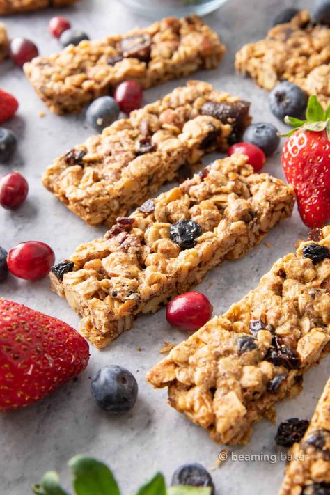 Healthy Berry Granola Bars (Vegan, GF) - Beaming Baker Baked Granola Recipe, Raspberry Granola Bars, Strawberry Granola Bars, Protein Bar Recipe Healthy, Granola Bar Recipe Healthy, Beaming Baker, Best Granola Bars, Berry Granola, Easy Granola Bars