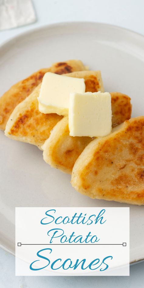 Scottish Potato Scones, Mashed Potato Dessert, Scottish Tattie Scones, Tattie Scones Scottish Recipes, Scottish Egg Recipe, Potato Scones Scottish, Scottish Potatoes, Sweet Potato Scones Recipe, Potato Scone