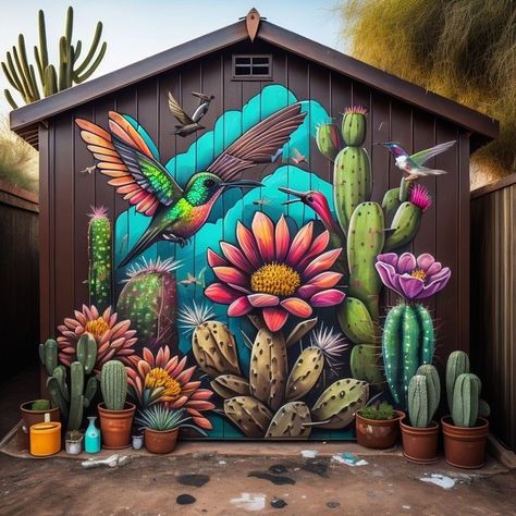 Cactus Mural Outdoor, Wall Murals Painted Outdoor Fence, Mexican Wall Murals Painted, Outdoor Wall Murals Backyards Flower, Garden Murals Ideas Wall Art Backyard, Kitchen Mural Ideas Paintings, Garden Fence Mural, Backyard Mural Ideas Garden, Outdoor Fence Painting Ideas