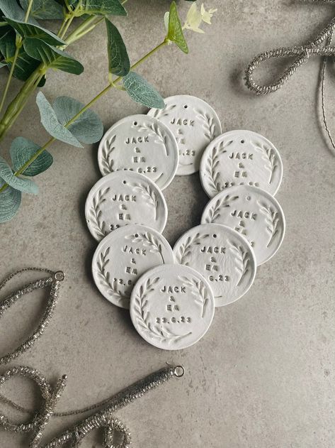 Handmade Personalised Clay Wedding Name Tag Pack of 10 - Etsy Diy Clay Wedding Favors, Handmade Wedding Present, Ceramic Wedding Favours, Polymer Clay Wedding Favors, Polymer Clay Name Tags, Pottery Wedding Favors, Clay Wedding Favors, Wedding Polymer Clay, Clay Wreath