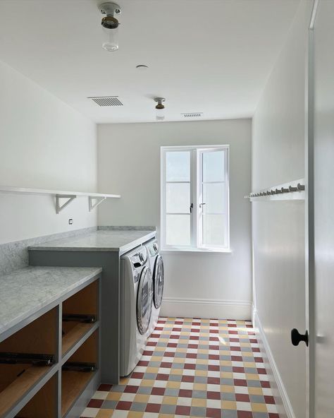 Katie LeClercq on Instagram: “We went for it in the laundry room. 🤗🏁 Thank you @lombardiconstruction for pealing up the protective floor covering during my visit… I…” Katie Leclercq, Pantry Laundry Room, Fabric Tiles, Floor Covering, Cement Tile, Interior Architecture Design, Worth It, Floor Coverings, Laundry Room