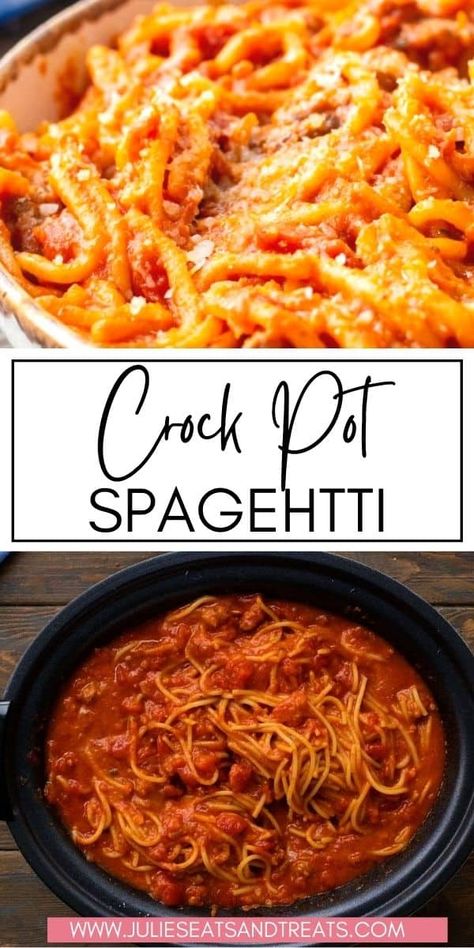 Your favorite family dinner can now be made easily in your slow cooker! This Crock Pot Spaghetti is so easy with tons of flavor. Tender spaghetti noodles, spicy Italian sausage in a creamy spaghetti sauce made with cream cheese. It's our favorite way to enjoy spaghetti. Plus, it's quick and easy for busy nights. Crock Pot Pasta And Meatballs, Fix And Forget Meals Crock Pot, Spaghetti Recipes Crockpot Ground Beef, Crockpot Spaghetti Ground Beef, Pasta Crock Pot Recipes, Crock Pot Ground Beef Recipes, Crock Pot Spaghetti, Ground Beef Crockpot Recipes, Crockpot Spaghetti