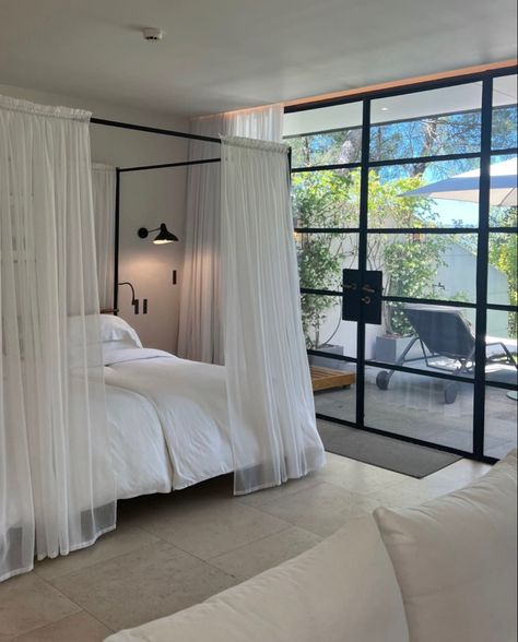 Canopy Bed Drapes Ideas, Canopy Luxury Bedroom, Canopy Bed Ideas With Curtains, Canopy Bed In Front Of Window, 4 Poster Canopy Bed With Curtains, Elegant Canopy Bed, Modern Canopy Bed Curtains, Bed With Canopy Aesthetic, Bed With Curtains Around It Modern