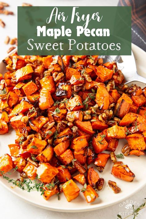 Crispy, crunchy and subtly sweet these Air Fryer Maple Pecan Sweet Potatoes are the perfect side dish. Air-fried to perfection and then tossed in a maple syrup butter, they are an irresistible combination of textures and flavors making them absolutely delicious. Pecan Sweet Potatoes, Potatoes Garden, Maple Pecan Sweet Potatoes, Air Fryer Sweet Potatoes, Garden In The Kitchen, Air Fry Potatoes, Maple Sweet Potatoes, Potato Gardening, Green Bean Casserole Easy