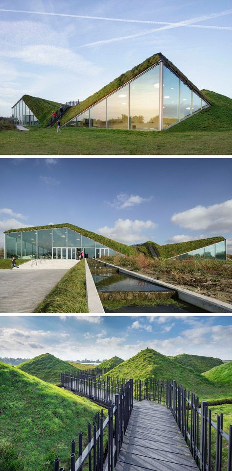 The Biesbosch Museum in Werkendam, The Netherlands, is covered in grass and features a walkway on the roof that's surrounded by small grassy mounds and leads to a look out at one end. Modern Eco Friendly Home, Zaha Hadid Architects, Brick Facade, Stavanger, Museum Of Contemporary Art, Green Roof, Modern Buildings, Landscape Architect, Architect Design