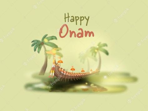 Premium Vector | Happy onam celebration poster design with vallam kali (snake boat) and blur effect coconut tree on green background. Onam Celebration Poster, Onam Greetings, Onam Wishes, Celebration Poster, Big Sales Banner, Onam Celebration, Onam Festival, 1st Birthday Pictures, Indian Designs