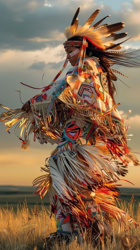 Download 'Native American Regalia' - A majestic Native American in traditional regalia stands proudly in a field at sunset. - Get this free stock photo and more high-quality images on StockCake. No attribution required. Fancy Dancers Pow Wow, Native American Pictures Photographs, Black Native Americans, Native American Clothing Traditional, Native American Outfits, Native American Aesthetic, Shawnee Tribe, Native American Folklore, Rodeo Art