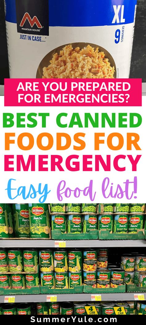 What's the best canned food for emergencies? Learn about the best canned foods for survival and get a canned emergency food list. Whether you’re prepping for a natural disaster or another emergency, having a stockpile of cheap foods with a long shelf life will help. If you don’t know the importance of canned foods in the emergency kit, you will after reading this! Emergency Canned Food, Canned Foods For Emergency, Foods For Long Term Storage, Emergency Food List, Non Perishable Foods List, Emergency Food Supply List, Food For Emergencies, Canned Food Recipes, Survival Food List