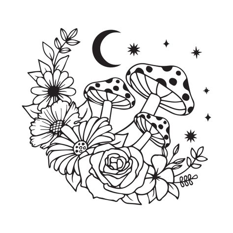 Check out this awesome 'Mushroom+flower+and+moon+line+art' design on @TeePublic! Moon Drawing Ideas, Mushroom Svg, Mushroom Moon, Magical Mushroom, Mushroom Tattoos, Moon Drawing, Tattoo Art Drawings, Fine Line Tattoos, Coloring Book Art