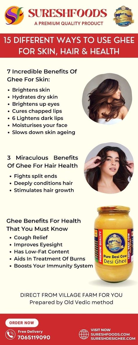 Ghee is one of the healthiest forms of fat that you can pamper your body with. This tasty substance has been part of our lives, culture, food and memories since forever. Here are 15 Different Ways To Use Ghee For Skin, Hair & Health. Ghee Skin Care, Ghee Moisturizer, Ghee For Skin, Ghee Benefits, Desi Cow, Healing Diet, Cow Ghee, Sumedh Mudgalkar, Eye Sight Improvement