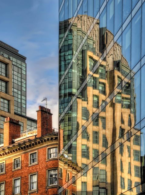 Reflection -- Manchester, England Building Reflection, City Reflection, Abstract Cityscape, Abstract Architecture, Window Reflection, Royal City, Dutch House, Photography Genres, Red Brick House