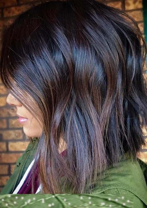 Short Dark Brown Hair With Peekaboos, Fall Medium Length Hair Color, Bilage Hair Color Brown Balayage, Black Bob With Money Piece, Dark Shag Haircut, Burnette Hair Color, Dark Hair With Ombre, Peekaboo Hair Colors Medium Length, Subtle Ombre For Dark Hair