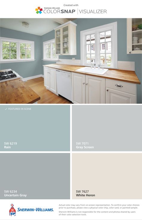 I want my house these colors. They feel beachy and cheerful. Wall Color With Tan Tile, Sky Blue Kitchen Walls, Grey And Cream Kitchen Ideas, Coastal Kitchen Wall Colors, Coastal Kitchen Palette, Rain Paint Color Sherwin Williams, Living Area Color Schemes, Sw Rain Paint, Rain By Sherwin Williams