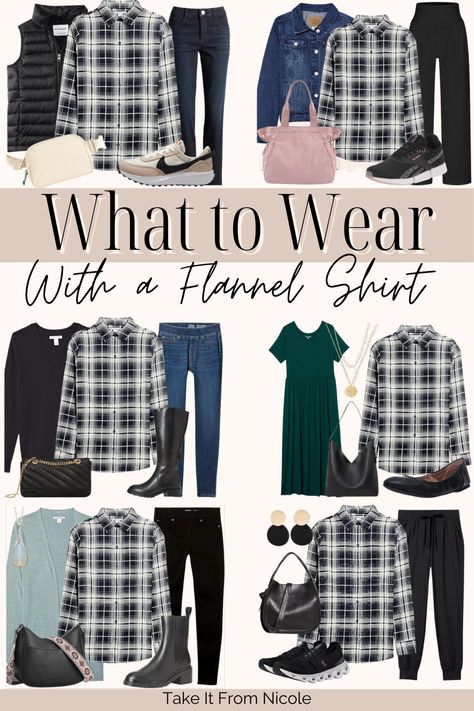 Outfit Ideas Plaid Shirt Flannels, Casual Flannel Outfits Winter, How To Style Black And White Flannel, Brown Flannel Outfit Women, Black White Flannel Outfit, Plaid Outfits For Women Flannels, How To Dress Up A Flannel Shirt, How To Wear A Flannel Shirt With Jeans, Flannel Outfits For Women Winter