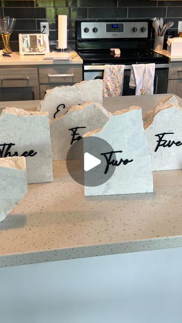 Travertine Stone Table Numbers, Diy Stone Table Numbers, Stone Wedding Table Numbers, Rock Table Numbers, Olivia Armstrong, Stone Table Numbers, Granite Table, Signing Table Wedding, Slab Table