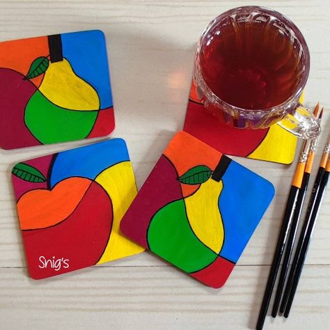 Fruit coasters - hand painted 3.75"x 3.75" coasters. Fruit Coasters Paint, Fruit Coasters, Coaster Patterns, Coaster Crafts, Wooden Coasters, Bottle Painting, Coasters, Hand Painted, Fruit