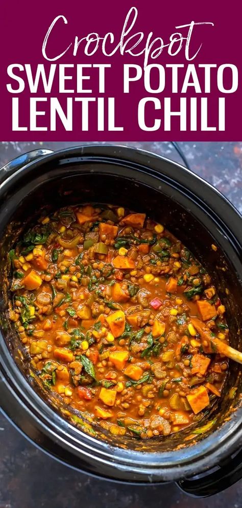 Slow Cooker Sweet Potato Lentil Chili | The Girl on Bloor Sweet Potato And Lentil Chili, Slow Cook Lentil Recipes, Meat Free Slow Cooker Recipes, Sweet Potato Lentil Soup Crockpot, Sweet Potato Stew Crockpot Vegetarian, Pumpkin Lentil Chili, Slow Cooker Vegetarian Chilli, Slow Cooker Recipes Lentils, Crockpot Recipes Lentils