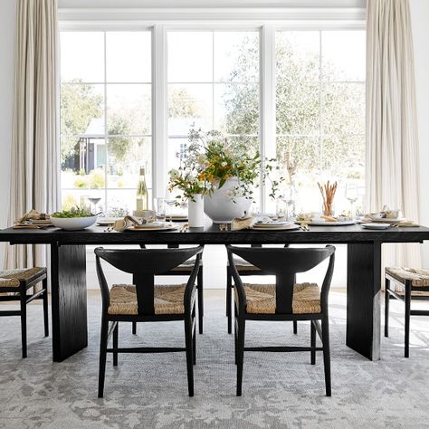 Kitchen + Dining Room Furniture | Williams Sonoma Ebony Dining Table, Black Dining Table Decor, Black Dining Room Table, White Oak Table, Black Dining, Black Dining Room, Expandable Dining Table, Dining Table Black, Rectangular Dining Table