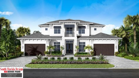 color rendering of a 2-story 4868sf coastal style house plan Coastal House Plans, Homes Exterior, Coastal House, Springs Florida, Beach House Plans, Florida Design, Florida Homes, Coastal Contemporary, Apartment Layout