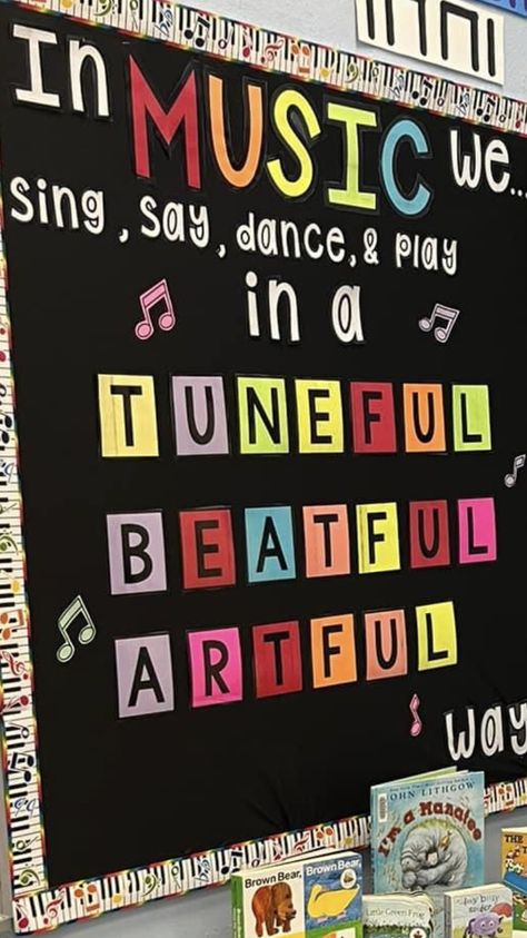 Bulletin Board Ideas Music, Music And Movement Bulletin Board, Music Room Bulletin Board Ideas, Music Room Door Decorations, Music Class Bulletin Boards, Back To School Music Bulletin Boards, Music Classroom Decor Ideas, Elementary Music Bulletin Board Ideas, Music Bulletin Boards Elementary