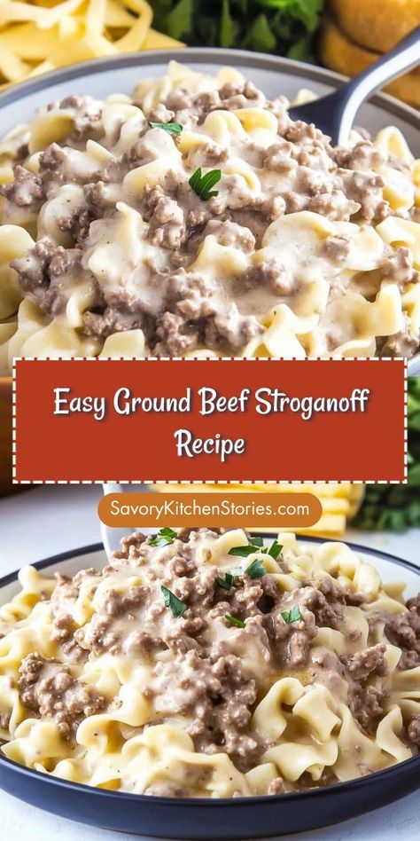 Enjoy a hearty meal with this Easy Ground Beef Stroganoff Recipe! In just 30 minutes, you can serve a creamy, beefy delight that pairs beautifully with pasta or rice. Elevate your Ground Beef Recipes with this simple yet delicious dish that the whole family will love. Dinner is served! Ground Turkey Stroganoff, Creamy Ground Beef, Beef Mushroom Stroganoff, Venison Stroganoff, Ground Beef Stroganoff Recipe, Turkey Stroganoff, Easy Ground Beef Stroganoff, Homemade Beef Stroganoff, Beef Stroganoff Crockpot