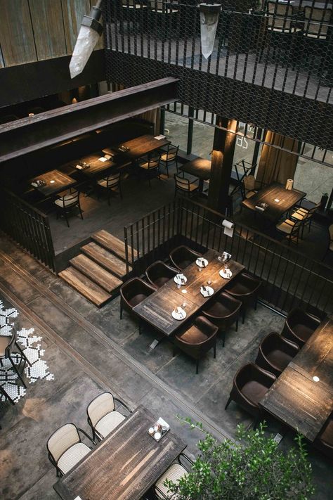 Modern Bar And Restaurant Design, Landscape Restaurant Design, Modern Industrial Restaurant Design, Restaurant Outside Design, Urban Restaurant Design, Restaurant Industrial Design, Industrial Interior Restaurant, Modern Industrial Restaurant, Steakhouse Restaurant Design