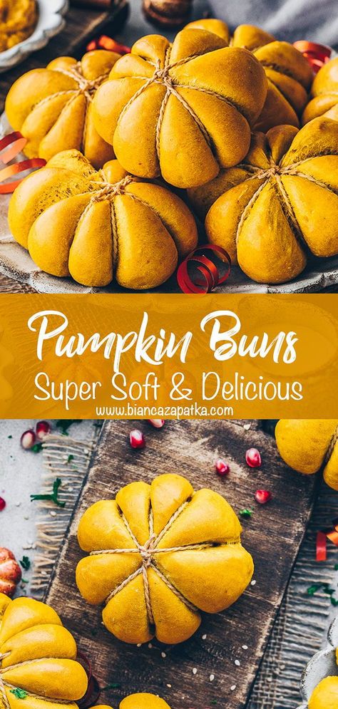 Learn how to make fluffy soft spongy pumpkin-shaped buns without eggs using this vegan pumpkin bread rolls recipe that works gluten-free too – enjoy with sweet or savory spreads for breakfast or dinner! Pumpkin Buns Recipe, Pumpkin Bread Rolls Recipe, Pumpkin Bread Rolls, Vegan Dinner Rolls, Rolls Recipe Easy, Bread Dinner, Pumpkin Recipes Dinner, Gluten Free Pumpkin Recipes, Vegan Pumpkin Bread