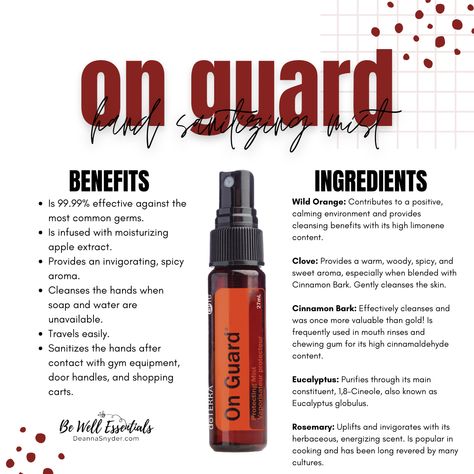 This practical mist is your perfect on-the-go solution for keeping your hands clean and protected 🛡️🙌🏼.   🤔 Did you know? doTERRA On Guard Hand Sanitizing Mist is 99.9% effective against the most common germs and purifies the hands with a fine, quick-drying mist, without drying out your hands. Doterra On Guard, Deep Blue Doterra, Doterra Oils Recipes, Mouth Rinse, Cinnamon Bark, Wild Orange, Doterra Oils, Chewing Gum, Doterra Essential Oils