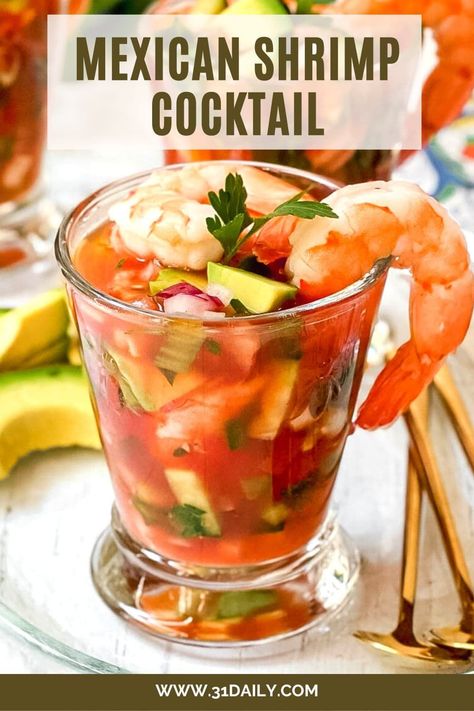 This Mexican Shrimp Cocktail, also known as Cóctel de Camarónes, is a deliciously succulent, tangy summertime appetizer that's elegant and very easy to make. It is packed with mouthwatering chopped vegetables, tender cooked shrimp, and a flavorful and spiced cocktail sauce you'll love! Mini Shrimp Cocktail, Shrimp Cocktail Appetizers, Mexican Shrimp Cocktail Recipe, Shrimp Cocktail Recipe, Shrimp And Veggies, Mexican Shrimp Cocktail, Spiced Cocktail, Cocktail Shrimp Recipes, Summer Appetizers Easy