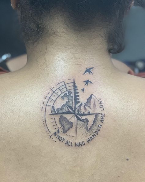 New Tattoo - An ode to LOTR & the wanderlust in me!! Forest Compass Tattoo, Norway Tattoo Ideas, Travel Tattoo Ideas Unique, Norway Tattoo, Wanderlust Tattoos, Lost Tattoo, 2023 Tattoo, Rings Tattoo, Wanderlust Tattoo