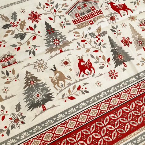 The pretty, easy care, French red, gold and silver tablecloth is made with fabric that has been coated with non-toxic acrylic to make your spills easy to clean with a damp cloth!  The winter scene has deer, cottages, trees, snowflakes and more on the border and the center has snowflakes  across the top with poinsettias.  Beautiful tablecloth! Perfect for Christmas and throughout the winter. 100% Cotton with Acrylic coating Wipe with damp cloth or machine wash on cool/gentle Hang to dry recommend Christmas Tablecloth Ideas, Silver Tablecloth, Thrift List, Christmas Edit, Red Tablecloth, Christmas Tablecloth, Ghost Decoration, On The Border, Floral Tablecloth