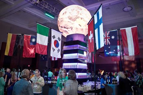 This was a bar we designed for a large international convention that we produced with an "Around the World" theme. Around The World Prom Theme Ideas, Around The World Gala Theme, Around The World Prom Theme Decoration, Around The World Prom Theme, Rock And Roll Corporate Event, Bnai Mitzvah Ideas, Around The World Theme, World Dance, Prom Theme