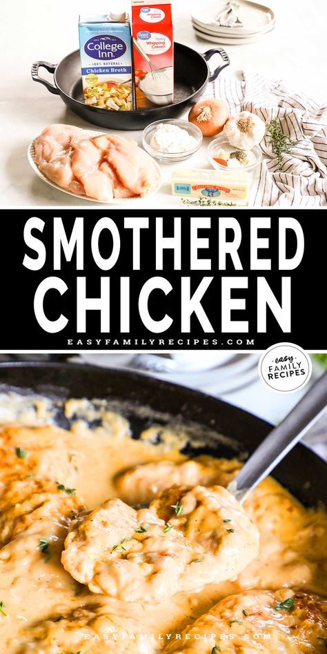 Smothered Chicken Breasts with Gravy is a cozy and EASY dish that brings comfort to any table! Juicy pan-friend chicken is nestled in a pan of rich, savory gravy for a kid-friendly weeknight dinner done in under 30 minutes. A Southern-style chicken recipe the whole family will love! Kid Friendly Chicken Breast Recipes, Smothered Chicken Breast, Moist Chicken Breast, Oven Baked Chicken Breasts, Smothered Chicken, Chicken Gravy, Breast Recipe, Baked Chicken Breast, Chicken And Waffles